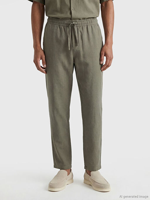 Regular Fit Keten G?r?n?ml? Erkek Pantolon