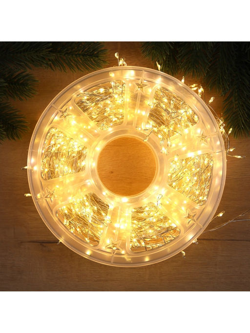 Гирлянда «Мишура» 50 м роса, IP44, серебристая нить, 1500 LED, 8 режимов, свечение тёплое белое, 36 В