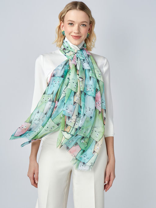 с котиками! Большой, мягкий, тонкий и очень нежный двусторонний палантин с рисунком - Tantino фото 8