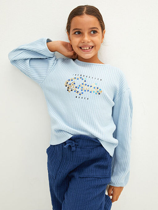 Bisiklet Yaka Bask?l? Uzun Kollu Pamuklu K?z ?ocuk Ti??rt - Waikiki фото 2