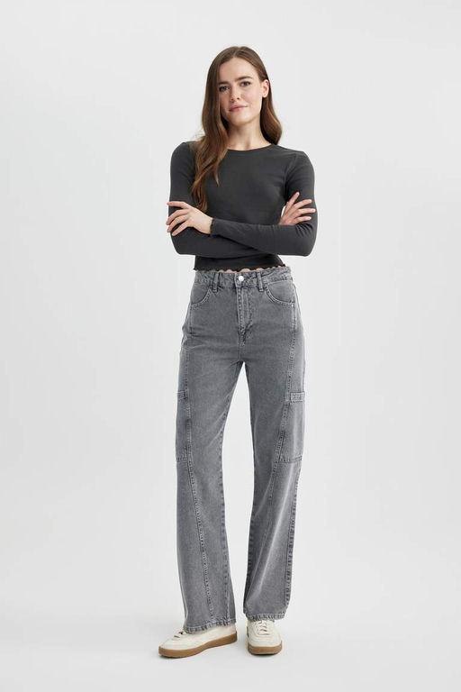 Широкие длинные джинсовые брюки с высокой талией в стиле 90-х годов - Defacto фото 3