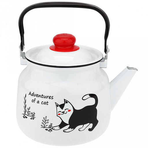 "Коты" Чайник эмалированный 3,5л, металлическая крышка, подвижная металлическая ручка, белый (Россия)