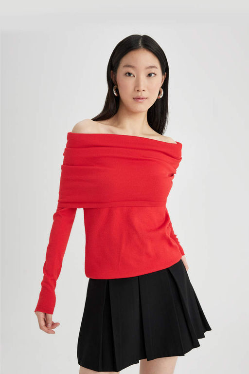 Приталенный свитер с открытыми плечами - Defacto фото 4