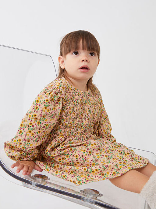 Bisiklet Yaka Uzun Kollu Bask?l? K?z Bebek Elbise Anne K?z Kombini