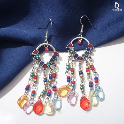 Серьги висячие со стразами Восток ловец снов, цветные в чернёном серебре, 8 см