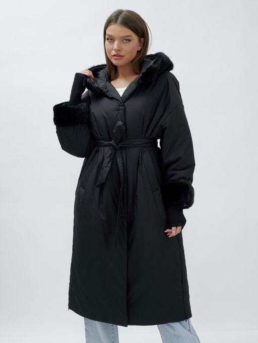 Пальто зимнее женское с норкой большого размера черного цвета 25008Ch - Mtforce фото 7