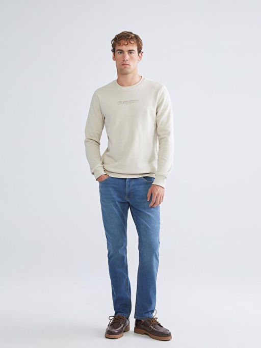 Bisiklet Yaka Bask?l? Erkek Kal?n Sweatshirt