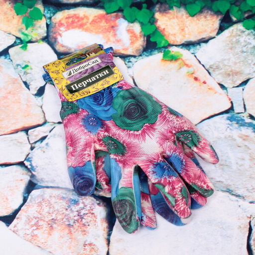 Цена за 12 шт. Перчатки нейлоновые "Фантазия-Дивная роза" с резиновым покрытием полуоблитые 8 р-р ДоброСад