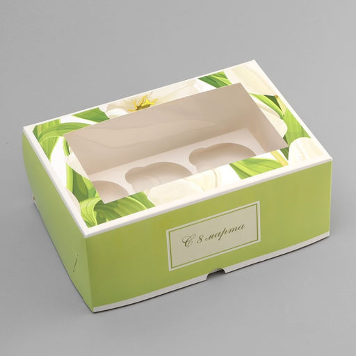 Цена за 5 шт. Коробка для 6 капкейков с окном, 8 марта, 25?17?10 см