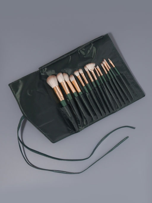 Набор кистей для макияжа Lillian, 14 предметов, футляр на завязках, зелёный, серый