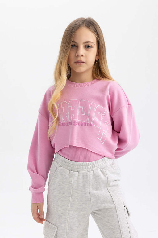 Укороченный свитшот с круглым вырезом с принтом для девочек, майка с ремешками, комплект из 2 предметов - Defacto фото 3