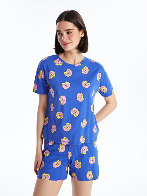 Bisiklet Yaka Desenli K?sa Kollu Kad?n ?ortlu Pijama Tak?m?