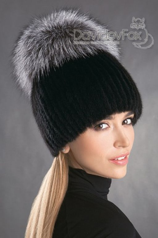 Шапка Лыжница норка блэк помпон норвежка