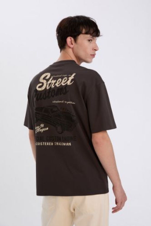 Boxy Fit Bisiklet Yaka S?rt Bask?l? K?sa Kollu Tisort