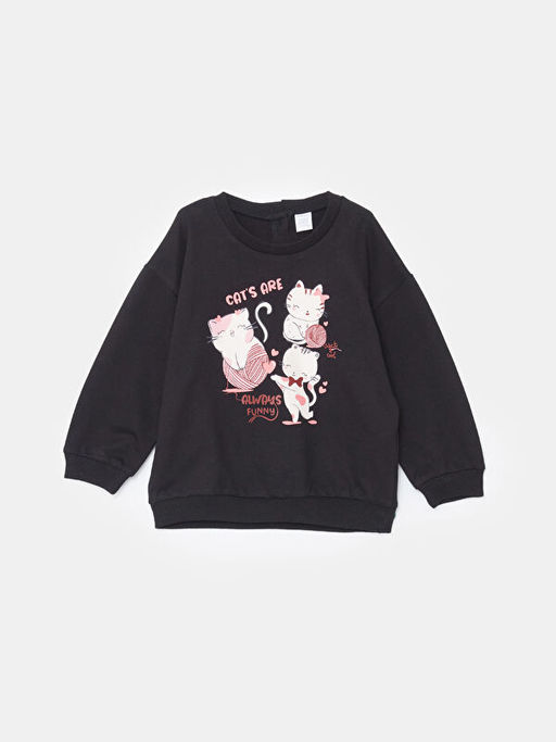 Bisiklet Yaka Bask?l? K?z ?ocuk Sweatshirt ve Tayt 2li