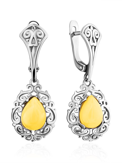 Изящные серьги Луксор с натуральным молочно-медовым янтарём