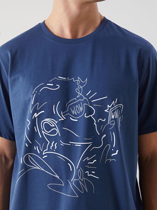 Bisiklet Yaka Bask?l? Penye Erkek Ti??rt