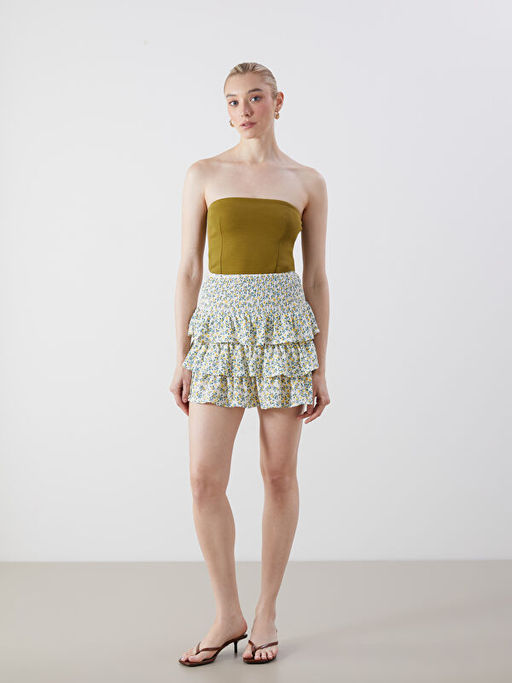 Beli Lastikli ?i?ekli Kat Kat Pileli Mini Etek