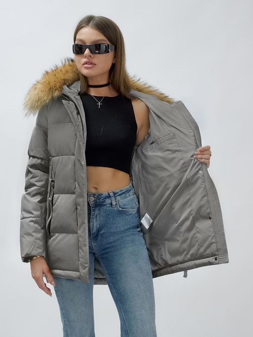 Куртка женская зимняя с мехом енот премиум класса серого цвета 3215Sr - Visdeer фото 9