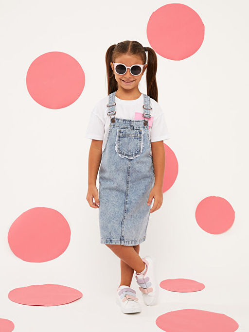 Kare Yaka Basic Ask?l? K?z ?ocuk Jean Salopet Elbise