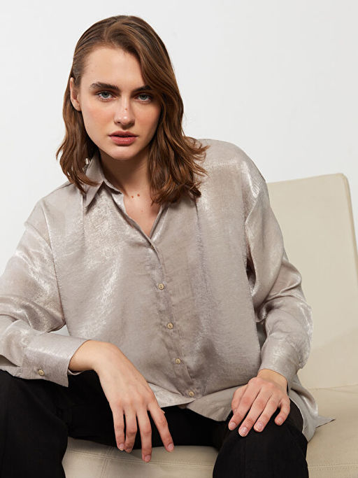 ?nden D??me Kapamal? D?z Uzun Kollu Saten Kad?n G?mlek