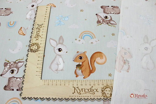 Сатин Лесная детвора цв.серо-фисташковый, СОРТ2, ш.1.61м, хлопок-100%, 120гр/м.кв - Купава фото 2