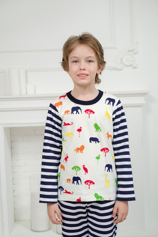 Пижама детская из джемпера и брюк без манжет из интерлока Сафари темно-синий полоса - Амадэль фото 7