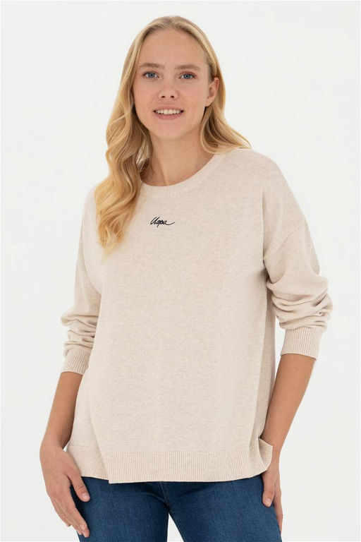 Женский кремовый меланжевый свитер с v-образным вырезом - U.s. polo assn фото 8