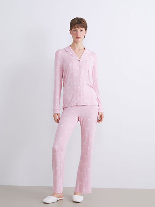 G?mlek Yaka Desenli Kad?n Pijama Tak?m?