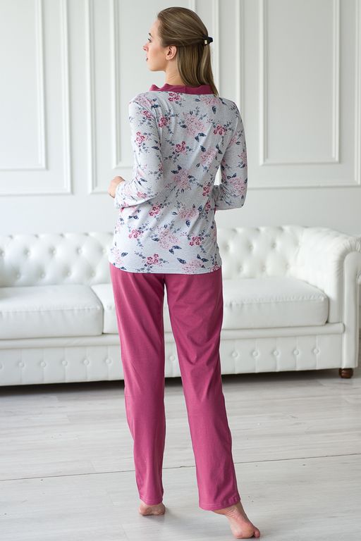 Пижама женская из жакета и брюк из кулирки Эльза цветы, брусничный - Амадэль фото 4