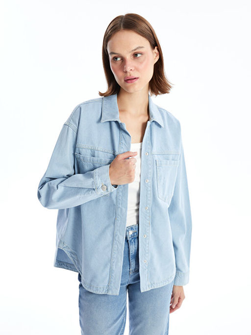 D?z Uzun Kollu Oversize Kad?n Jean G?mlek