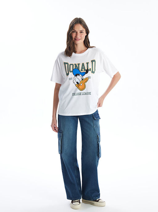 Bisiklet Yaka Donald Duck Bask?l? K?sa Kollu Oversize Kad?n Ti??rt - Waikiki фото 3