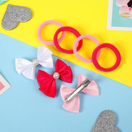 Цена за 5 шт. Набор для волос "Лада" (4 резинки, 3 зажима) бусины, бело-розовый