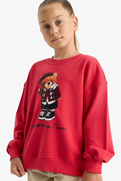 Oversize Geni_ Kal_p Bisiklet Yaka Bask_l_ Sweatshirt K_z _ocuk
