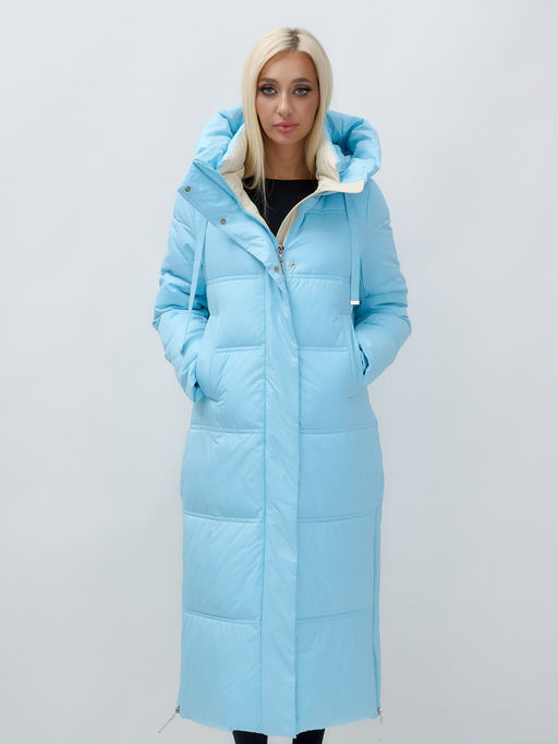 Пальто утепленное стеганное зимнее с капюшоном женское голубого цвета 9625Gl - Mtforce фото 10