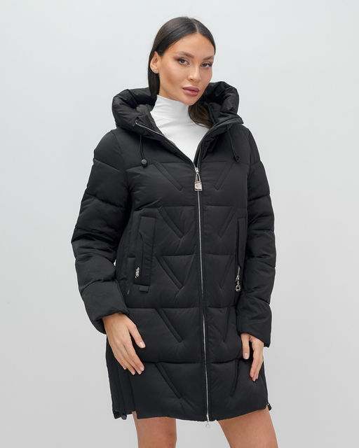 Куртка зимняя женская классическая с капюшоном черного цвета 7671Ch