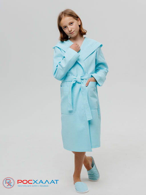 Подростковый вафельный халат с капюшоном мятный В-18 (19)