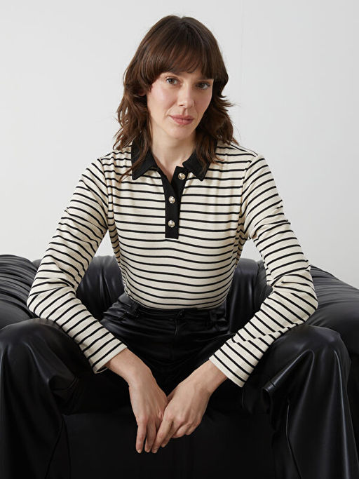 Polo Yaka ?izgili Kad?n Ti??rt