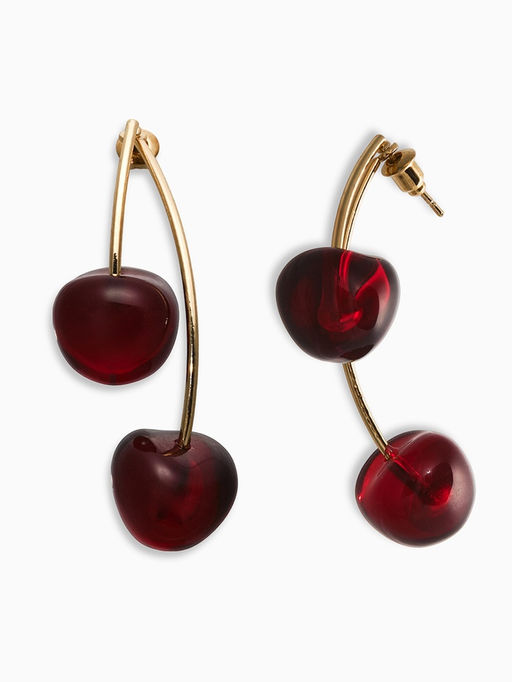 Серьги "Черешня" двойные, цвет бордовый в золоте