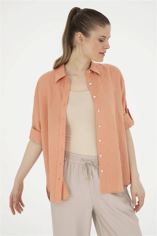 Женская льняная рубашка лососевого цвета с длинным рукавом Неожиданная скидка в корзине - U.s. polo assn фото 3