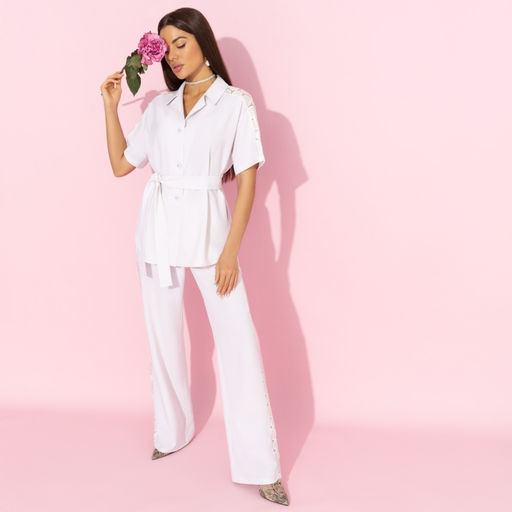 Брючный костюм со вставками из кружева Престижная номинация (серый 2 в 1 с поясом)