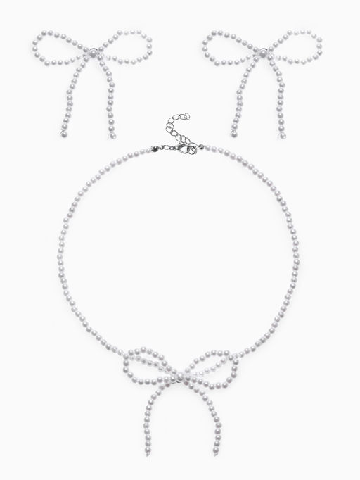 Набор 2 предмета: серьги, колье Жемчуг бантик, белый в серебре, 35 см
