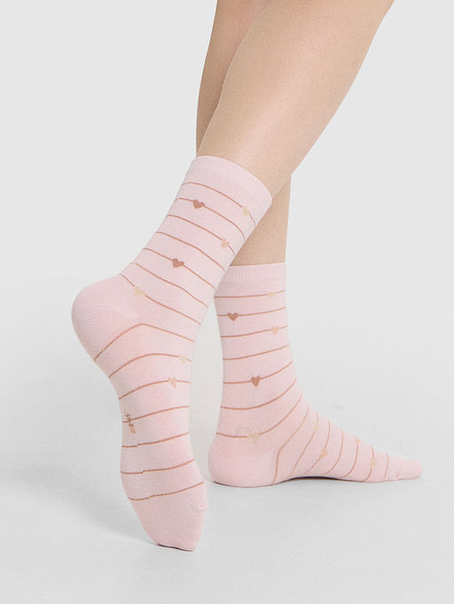 Цена за 5 пар! Носки женские розовые с люрексом и рисунком в виде полосочек сердечек - Mark formelle фото 2
