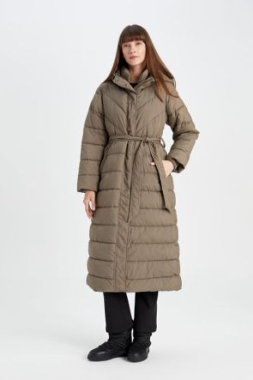 Su Itici Oversize Genis Kal?p Uzun Mont Parka Kapusonlu Kemerli Cepli