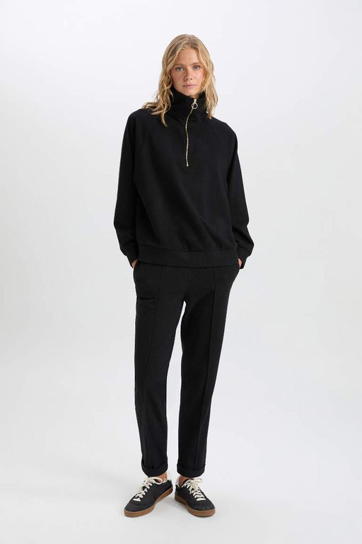 Базовые прямые черные брюки с эластичной резинкой на талии стандартной посадки, длинные черные брюки со складками и карманами на шнуровке - Defacto фото 2