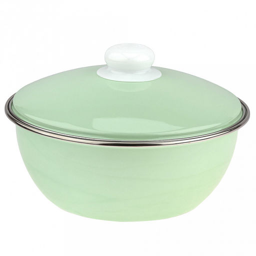 Миска эмалированная 2,5л, д23см, h9см, круглая, ободок из нержавеющей стали, салатовый, с крышкой (Россия)