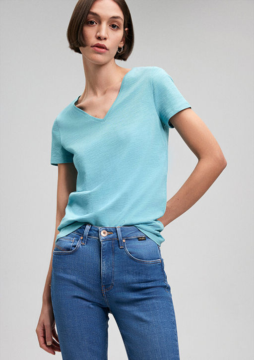 V Yaka Flaml? Turkuaz Basic Tisort