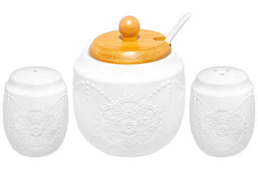 Набор - сахарница 350 мл Жемчуг с ложкой + солонка + перечница + салфетница на дер.подст.с ручкой - Elan gallery фото 5