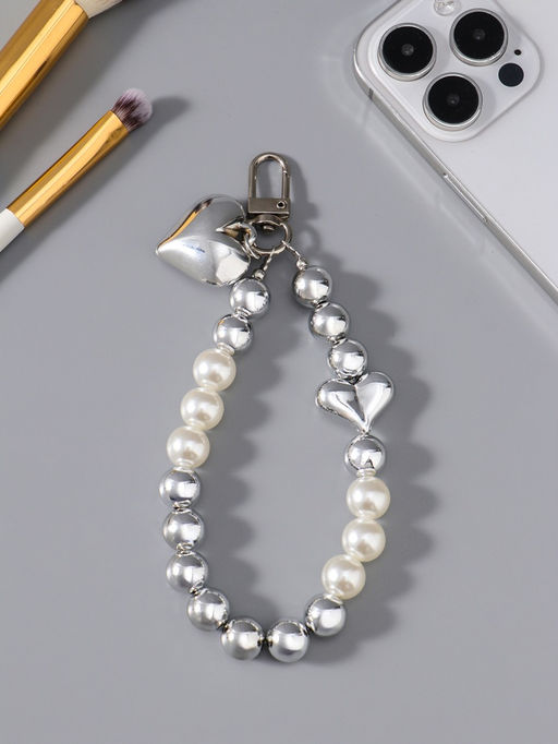 Брелок для ключей на карабине «Жемчужная нить с сердцем», на сумку, рюкзак, серебристо-белый, 11×3×1 см