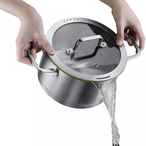 Кастрюля из нержавеющей стали Linea PALERMO 2,5л, д18см, h10см, s0,6мм, дно s15мм, трехслойное капсулированное дно, стеклянная крышка-дуршлаг с силиконовым ободком, два режима слива воды, ручка из нержавеющей стали, цветная коробка, Regent (Китай - Домашняя мода фото 9